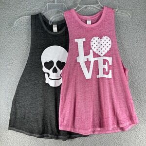 NOBO‎ Juniors T-Shirt SZ Small Lot of 2 Pink Love and Black Skull Sleeveless NEW